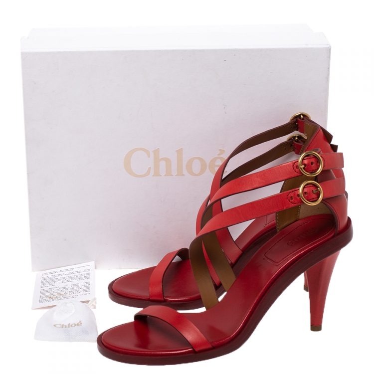 Pre Owned Chloe Red Leather Double Ankle Strap Niko Sandals Size 37.5