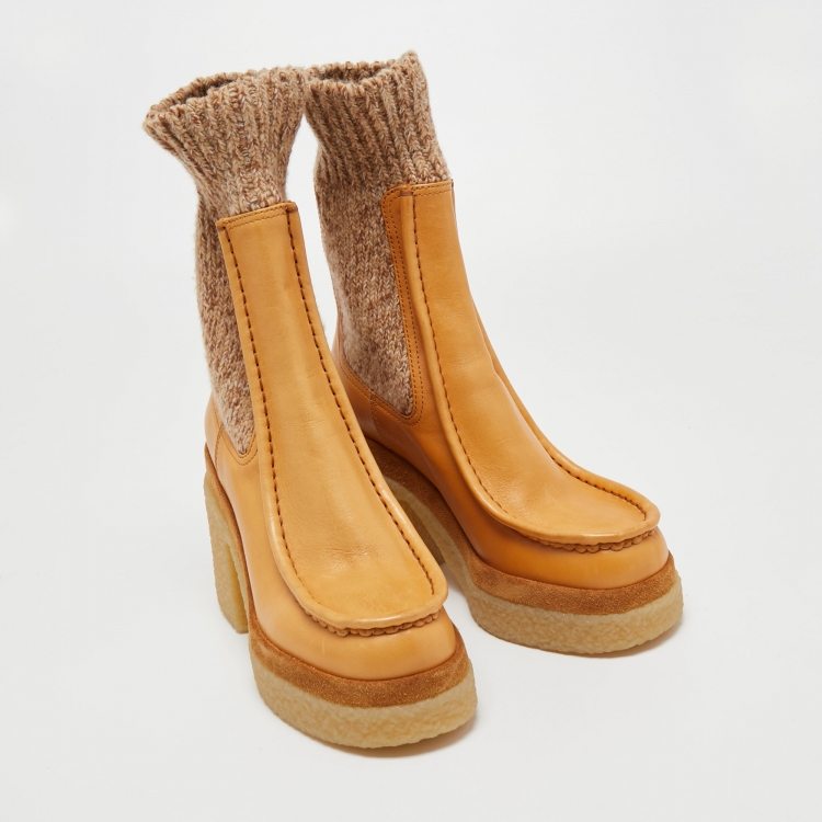 Pre Owned Chloe Beige Leather and Wool Mid Calf Boots Size 37