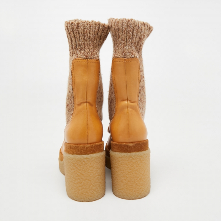 Pre Owned Chloe Beige Leather and Wool Mid Calf Boots Size 37