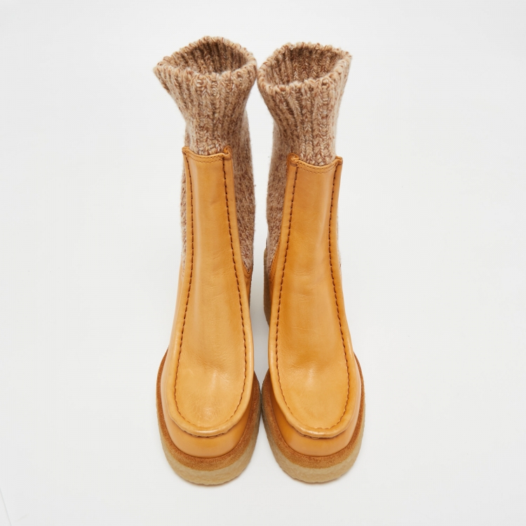 Pre Owned Chloe Beige Leather and Wool Mid Calf Boots Size 37