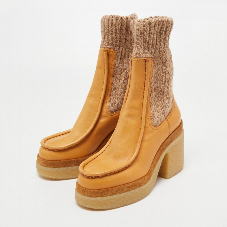 Pre Owned Chloe Beige Leather and Wool Mid Calf Boots Size 37