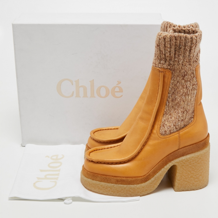 Pre Owned Chloe Beige Leather and Wool Mid Calf Boots Size 37