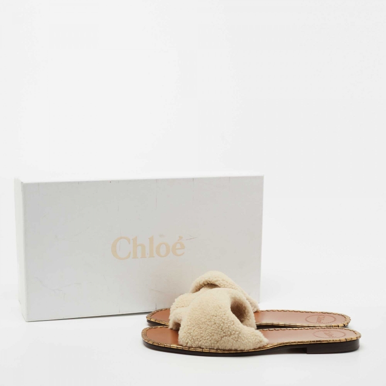 Pre Owned Chloe Cream Shearling Fur Idol Flat Slides Size 38