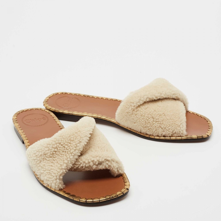 Pre Owned Chloe Cream Shearling Fur Idol Flat Slides Size 38