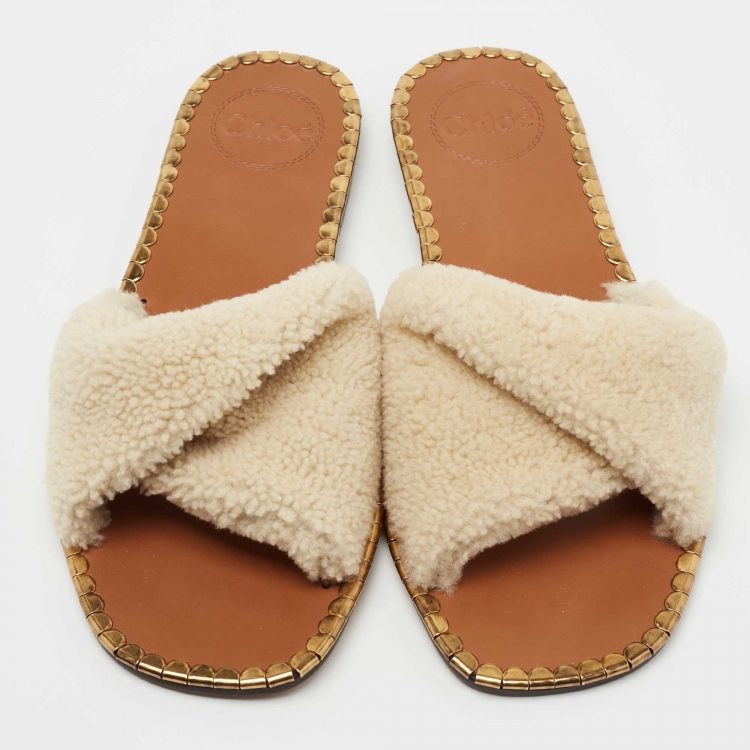 Pre Owned Chloe Cream Shearling Fur Idol Flat Slides Size 38