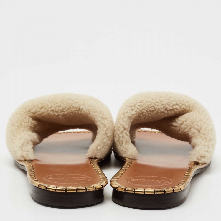 Pre Owned Chloe Cream Shearling Fur Idol Flat Slides Size 38