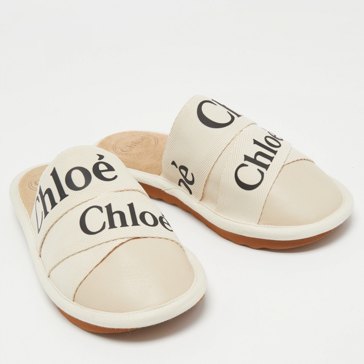 Pre Owned Chloe Cream Canvas and Leather Woody  Mules Size 37