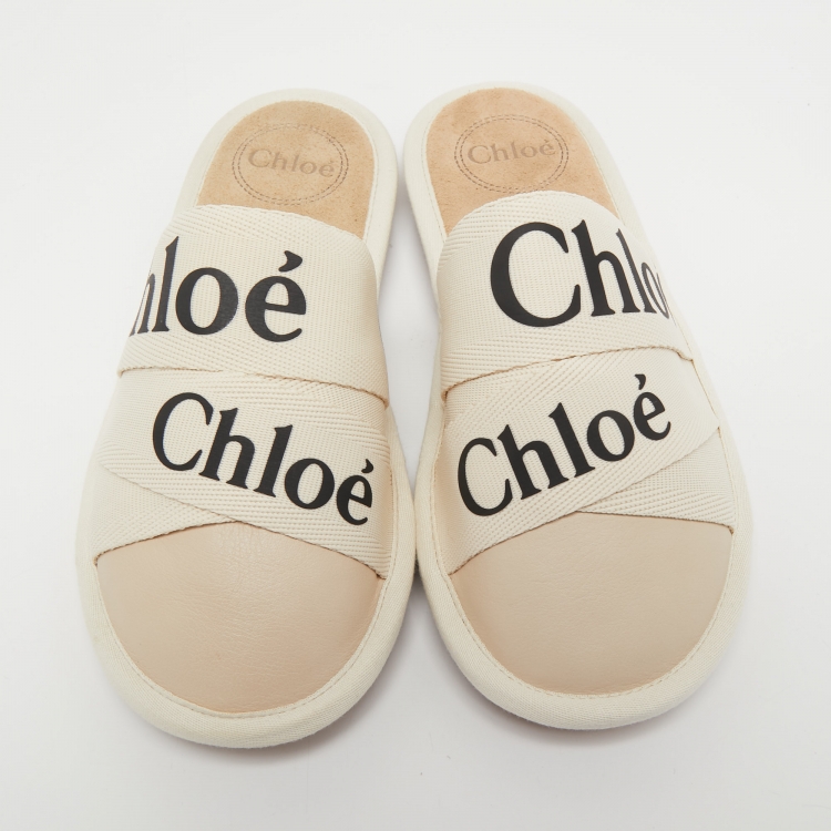 Pre Owned Chloe Cream Canvas and Leather Woody  Mules Size 37