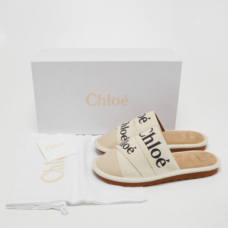 Pre Owned Chloe Cream Canvas and Leather Woody  Mules Size 37