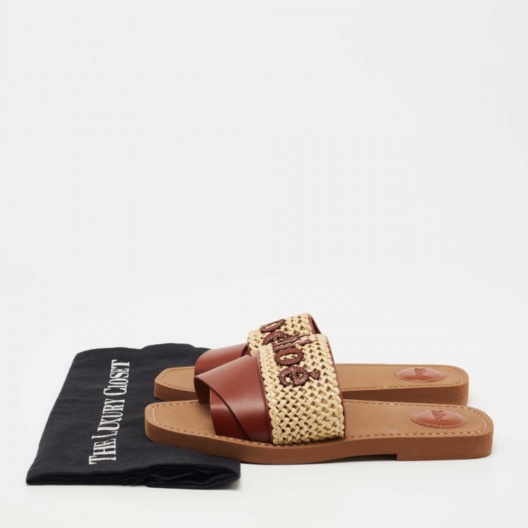 Pre Owned Chloe Brown/Beige Leather and Woven Raffia Woody Flat Slides Size 38