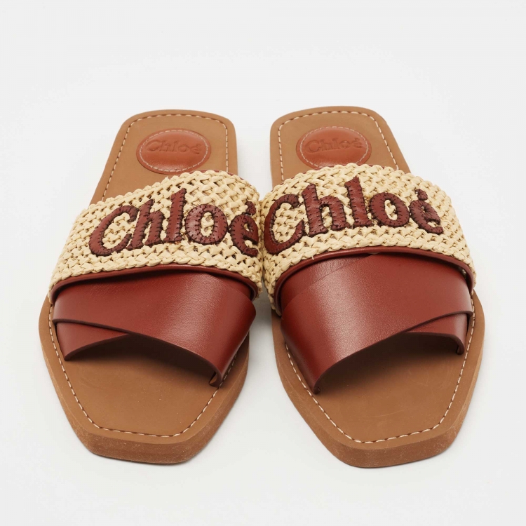 Pre Owned Chloe Brown/Beige Leather and Woven Raffia Woody Flat Slides Size 38