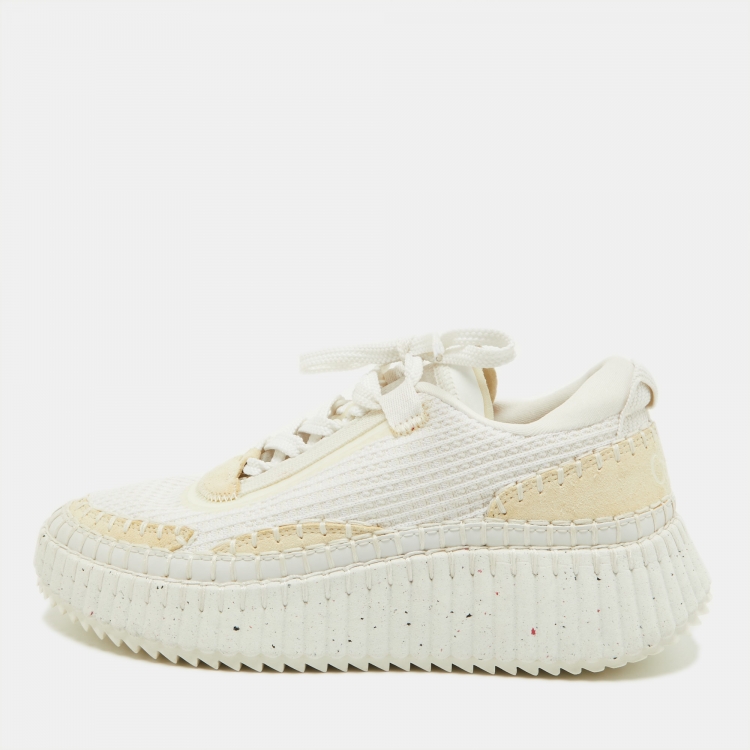 Pre Owned Chloe White Fabric and Suede Low Top Sneakers Size 37