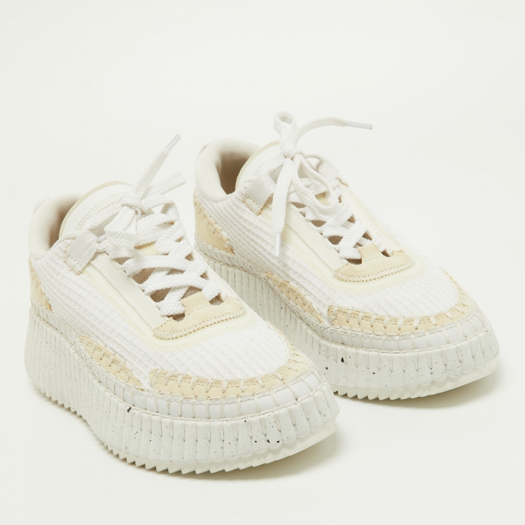 Pre Owned Chloe White Fabric and Suede Low Top Sneakers Size 37