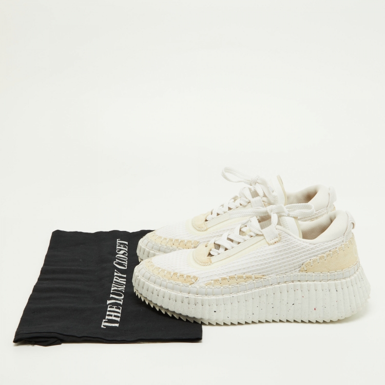 Pre Owned Chloe White Fabric and Suede Low Top Sneakers Size 37