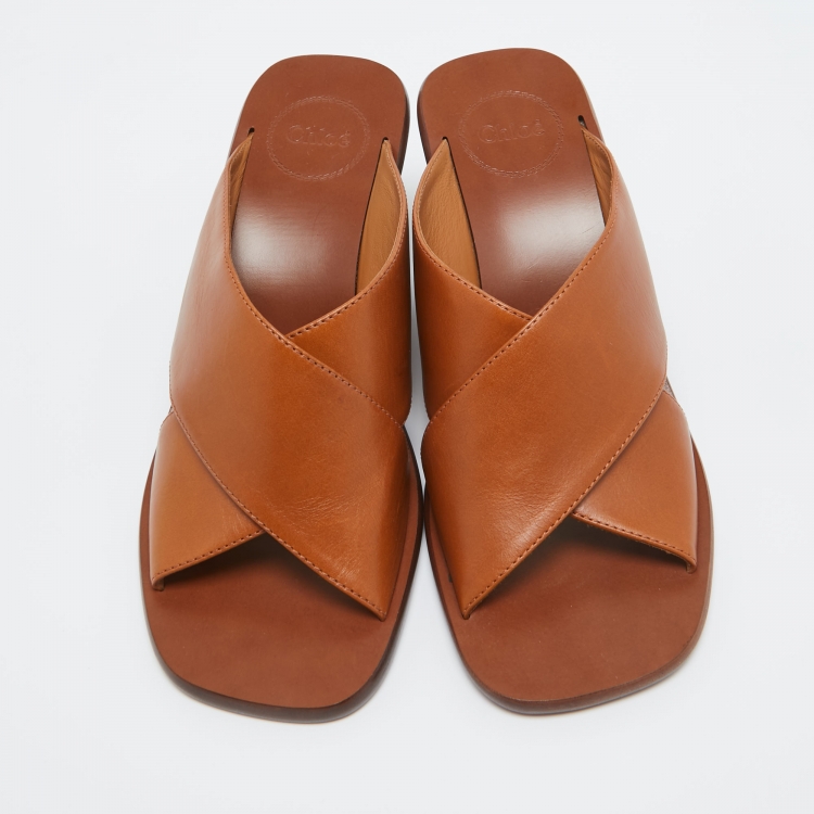 Pre Owned Chloé Tan Leather Slides Block Heel Sandals Size 38