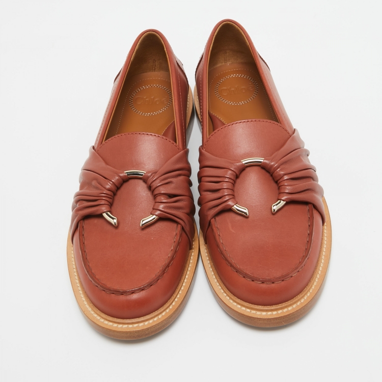 Pre Owned Chloe Brown Leather C Logo Loafers Size 38