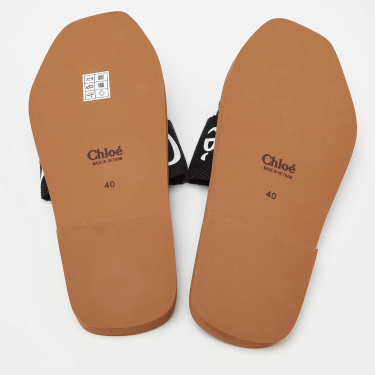 Pre Owned Chloe Black Canvas Logo Woody Flat Slides Size 40