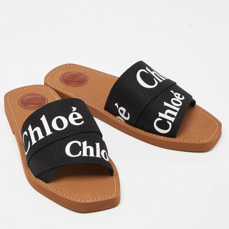 Pre Owned Chloe Black Canvas Logo Woody Flat Slides Size 40