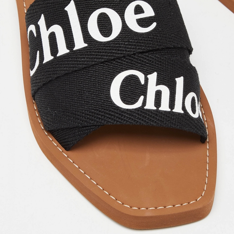 Pre Owned Chloe Black Canvas Logo Woody Flat Slides Size 40