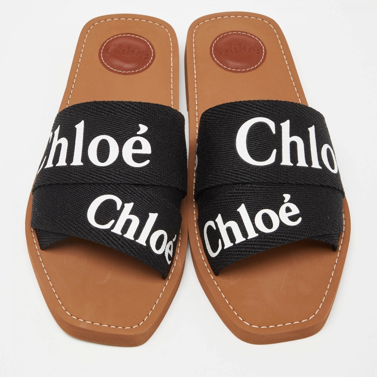 Pre Owned Chloe Black Canvas Logo Woody Flat Slides Size 40