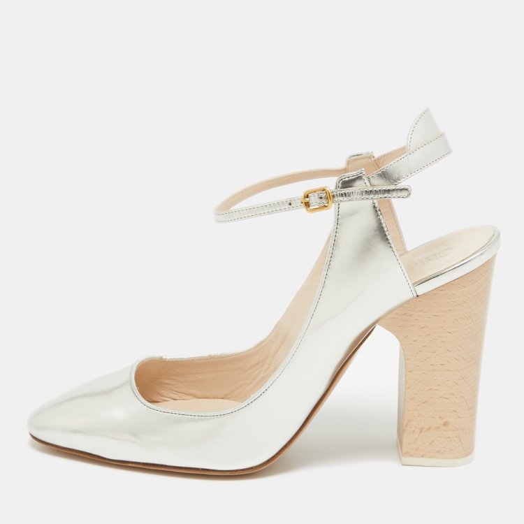 Pre Owned Chloe Silver Leather Ankle Strap Pumps Size  39.5