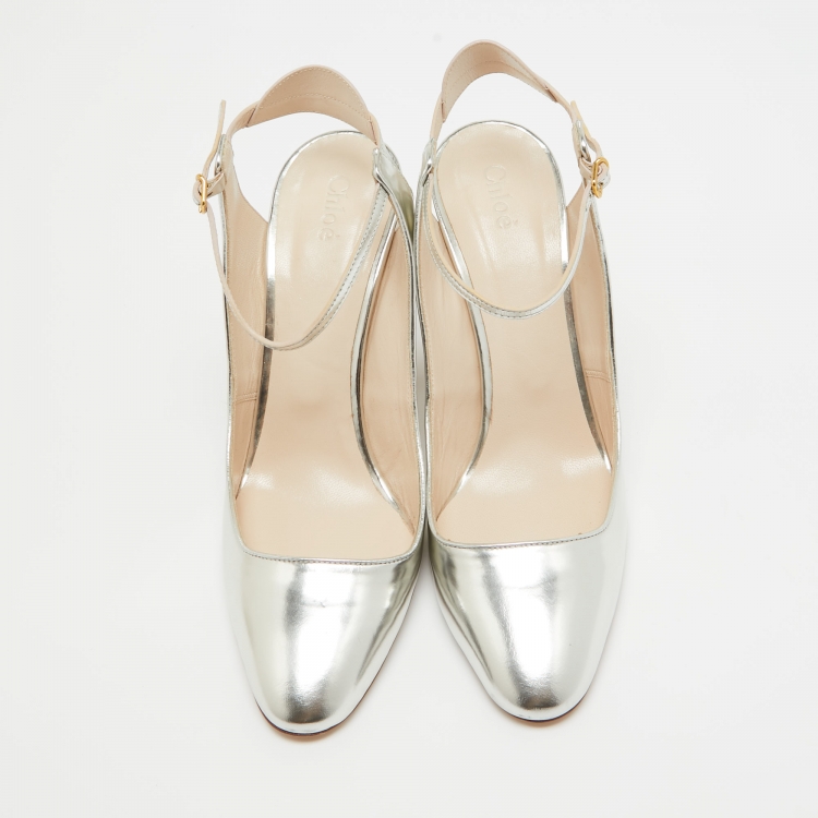 Pre Owned Chloe Silver Leather Ankle Strap Pumps Size  39.5