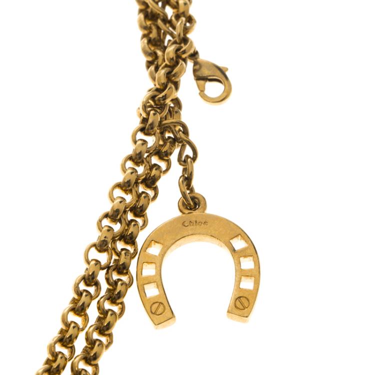 Pre Owned Chloe Horse Shoe Gold Tone Double Layer Charm Necklace