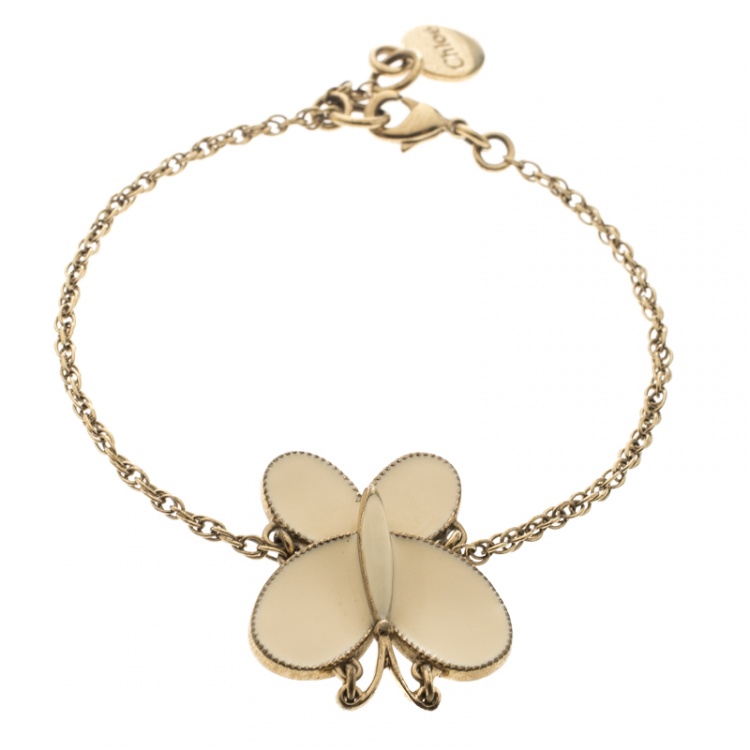 Pre Owned Chloe Cream Enamel Butterfly Gold Tone Charm Bracelet 