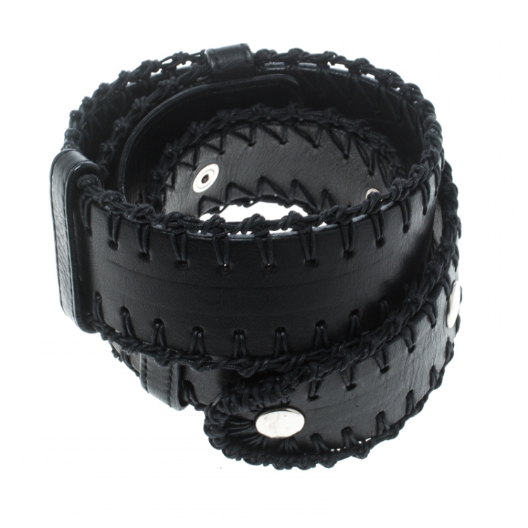 Pre Owned Chloe Black Leather Braided Details Snap Button Belt 85cm