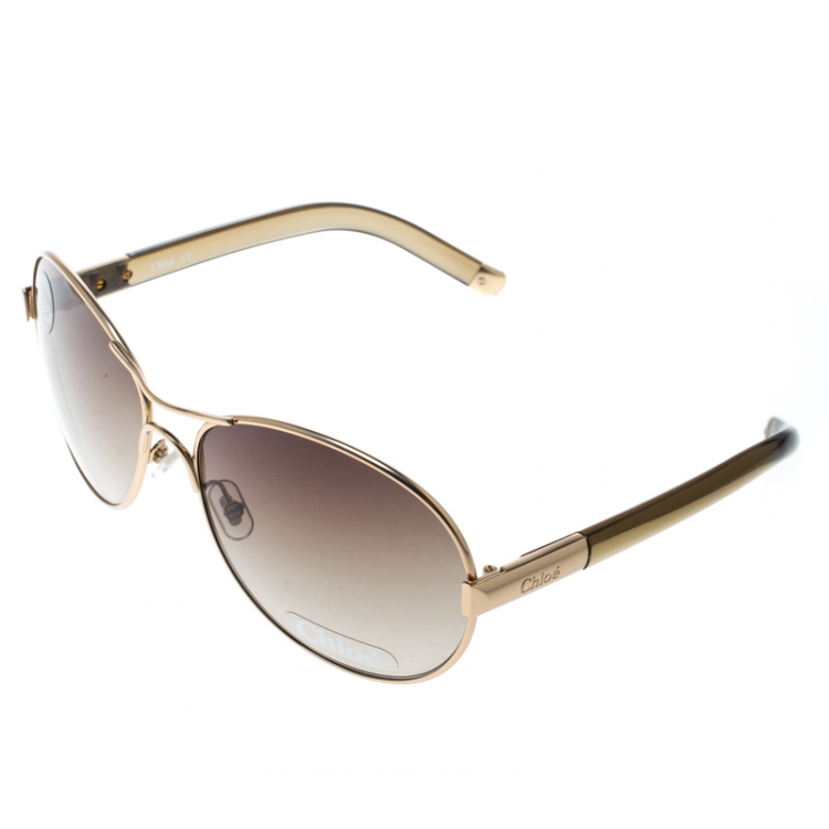 Pre Owned Chloe Gold/Brown Gradient CL2207 Aviator Sunglasses