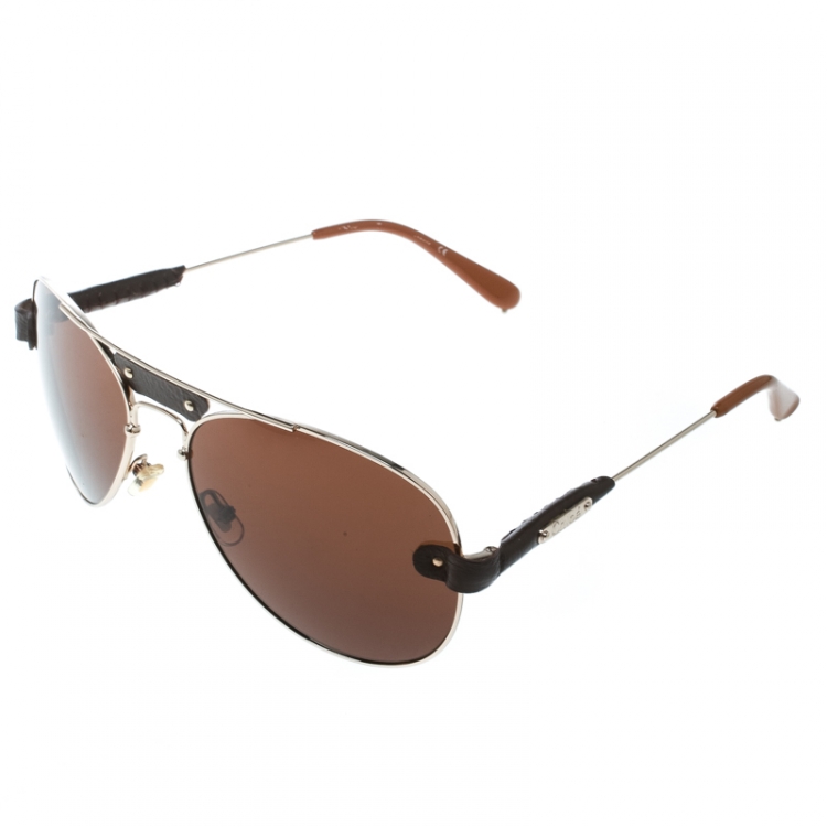 Pre Owned Chloe Gold / Brown Cl2204 Leather Trim Aviator Sunglasses