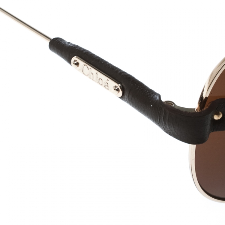Pre Owned Chloe Gold / Brown Cl2204 Leather Trim Aviator Sunglasses