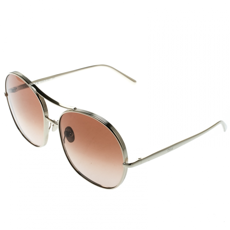 Pre Owned Chloe Gold/Brown Brown Gradient CE128S Round Sunglasses