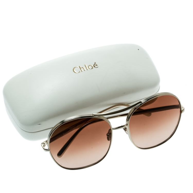 Pre Owned Chloe Gold/Brown Brown Gradient CE128S Round Sunglasses