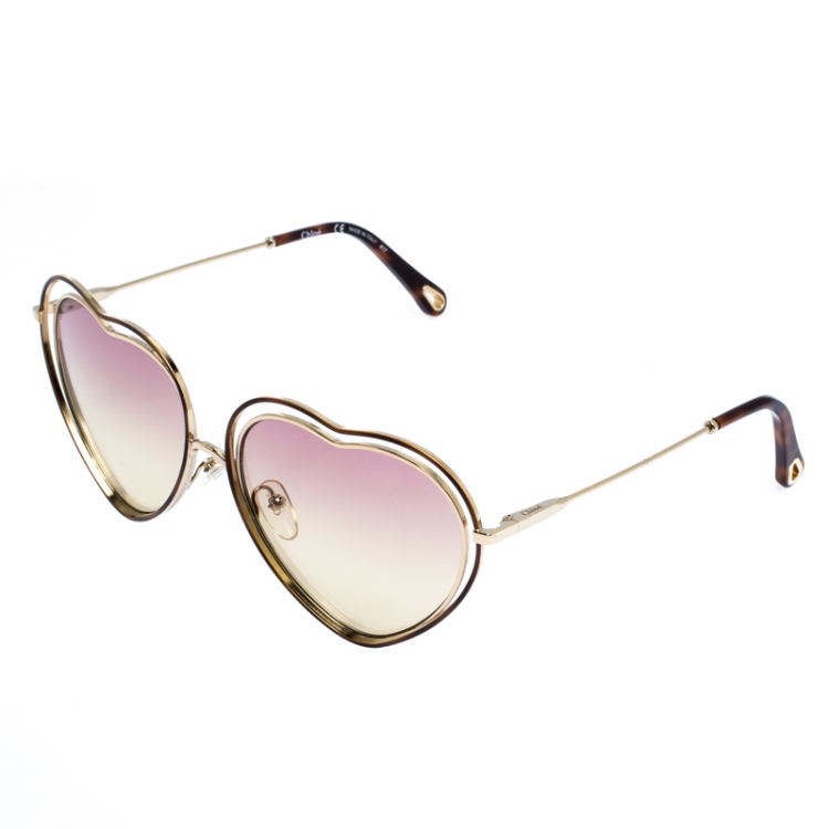 Pre Owned Chloe Gold/Pink Brown Gradient CE131S Heart Shape Sunglasses