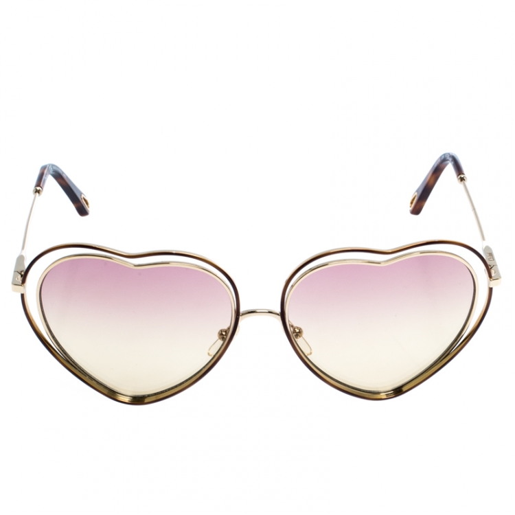 Pre Owned Chloe Gold/Pink Brown Gradient CE131S Heart Shape Sunglasses