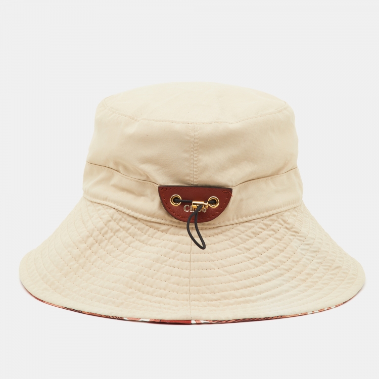 Pre Owned Chloe Beige Logo Print Nylon Bucket Hat