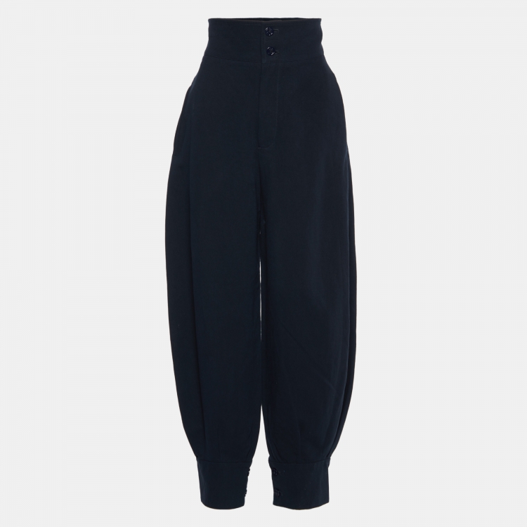 مملوكة مسبقًا Chloe Navy Blue Linen Blend High Waist Pleated Pants M