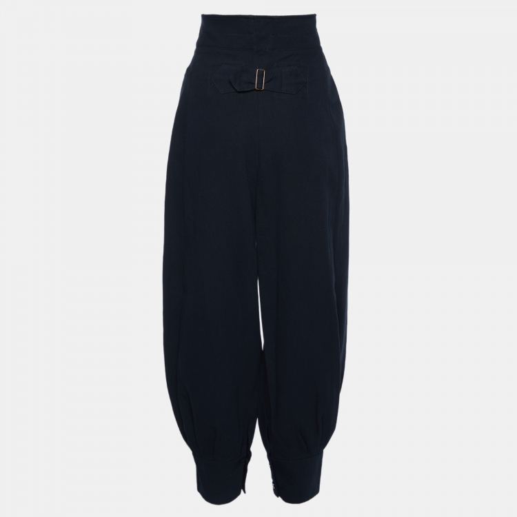 مملوكة مسبقًا Chloe Navy Blue Linen Blend High Waist Pleated Pants M
