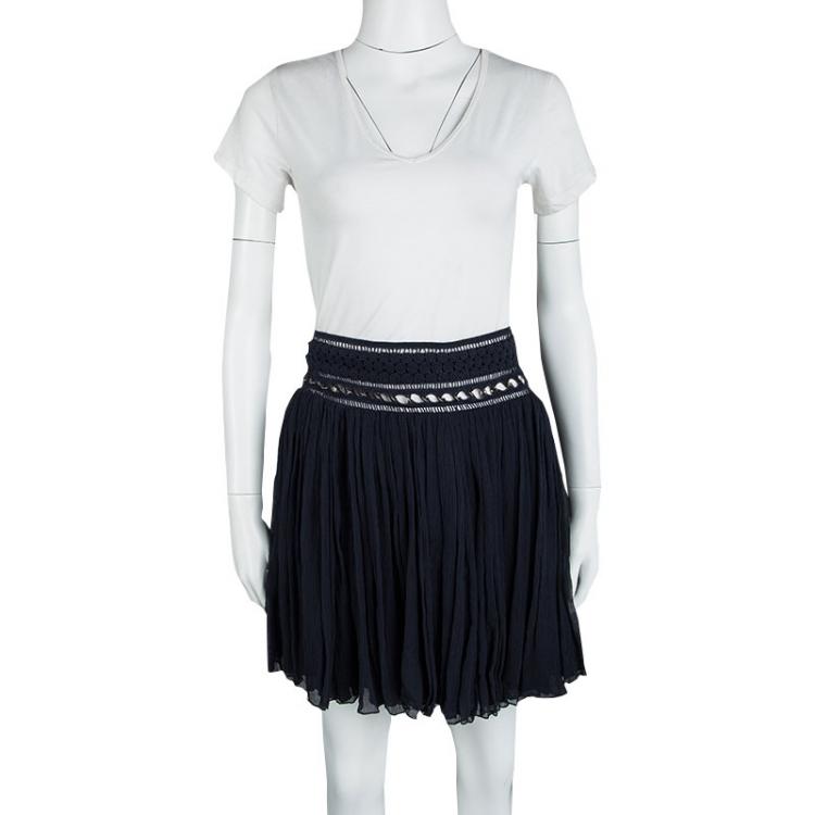 Pre Owned Chloe Deep Navy Blue Crinkled Silk Chiffon Cutout Lace Waist Detail Mini Skirt S