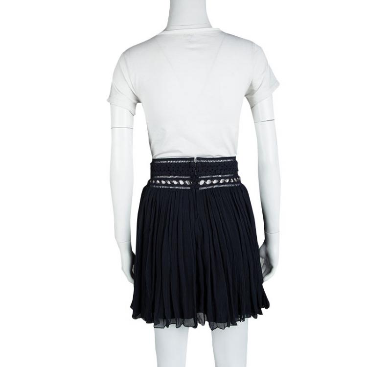 Pre Owned Chloe Deep Navy Blue Crinkled Silk Chiffon Cutout Lace Waist Detail Mini Skirt S