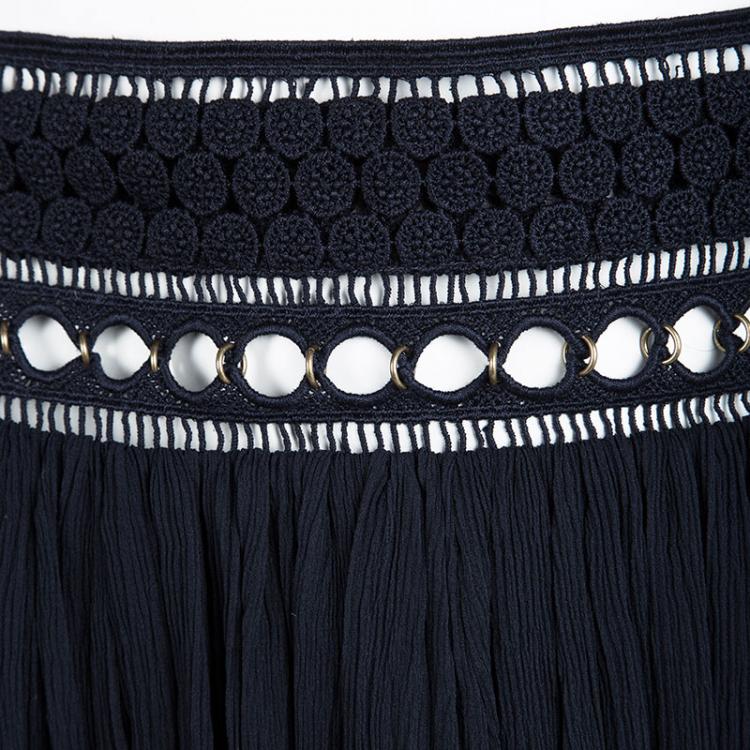 Pre Owned Chloe Deep Navy Blue Crinkled Silk Chiffon Cutout Lace Waist Detail Mini Skirt S