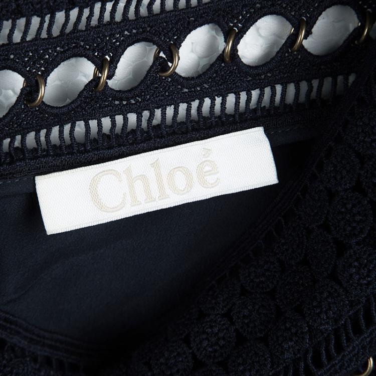 Pre Owned Chloe Deep Navy Blue Crinkled Silk Chiffon Cutout Lace Waist Detail Mini Skirt S