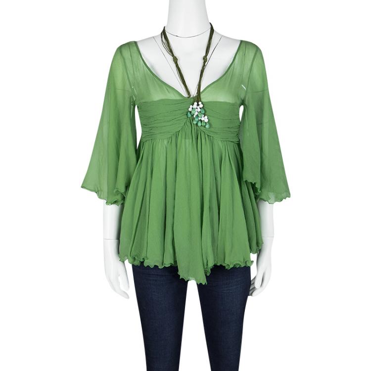 Pre Owned Chloe Green Crinkled Chiffon Gathered Tie Detail Blouse M