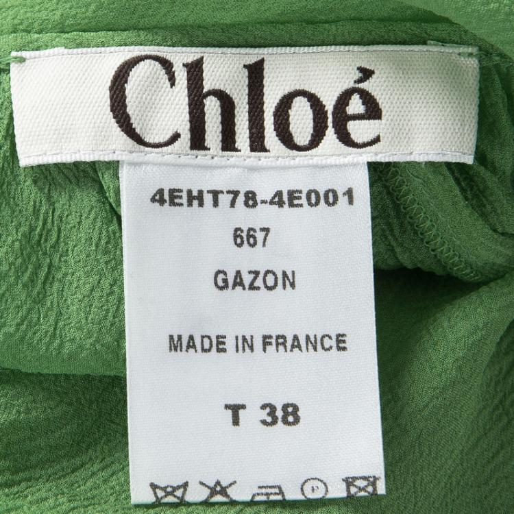 Pre Owned Chloe Green Crinkled Chiffon Gathered Tie Detail Blouse M