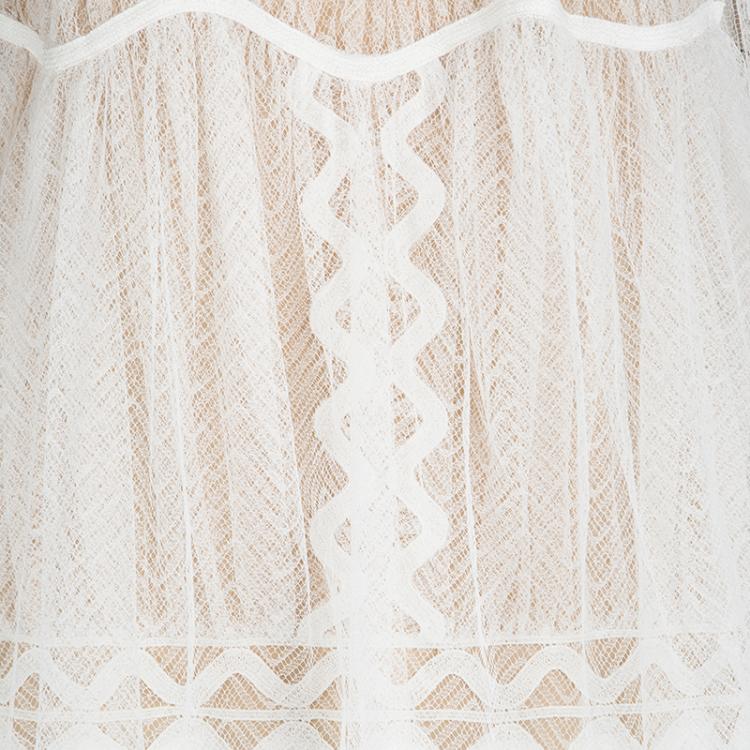Pre Owned Chloe White Herringbone Lace Long Sleeve Maxi Dress M