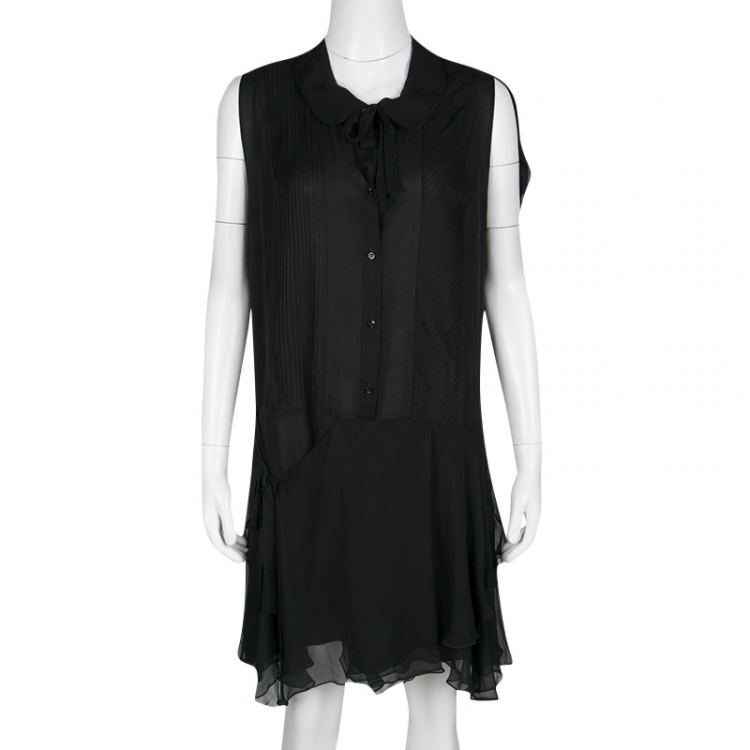 Pre Owned Chloe Black Silk Chiffon Pintuck Detail Ruffle Bottom Sleeveless Dress M 