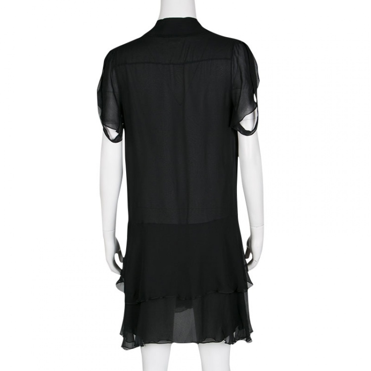 Pre Owned Chloe Black Silk Chiffon Pintuck Detail Ruffle Bottom Sleeveless Dress M 