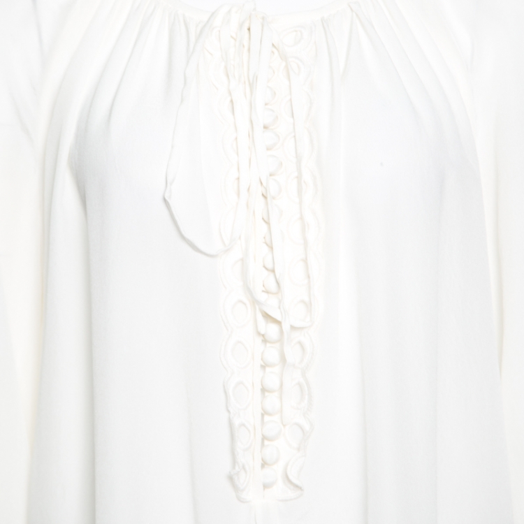 Pre Owned Chloe Iconic Milk White Silk Scalloped Lace Trim Peasant Blouse L