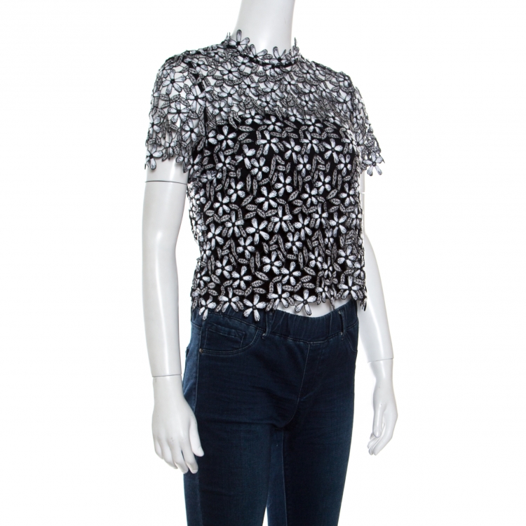 مملوكة مسبقًا Self Portrait Monochrome Floral Embroidered Lace Cropped Top S